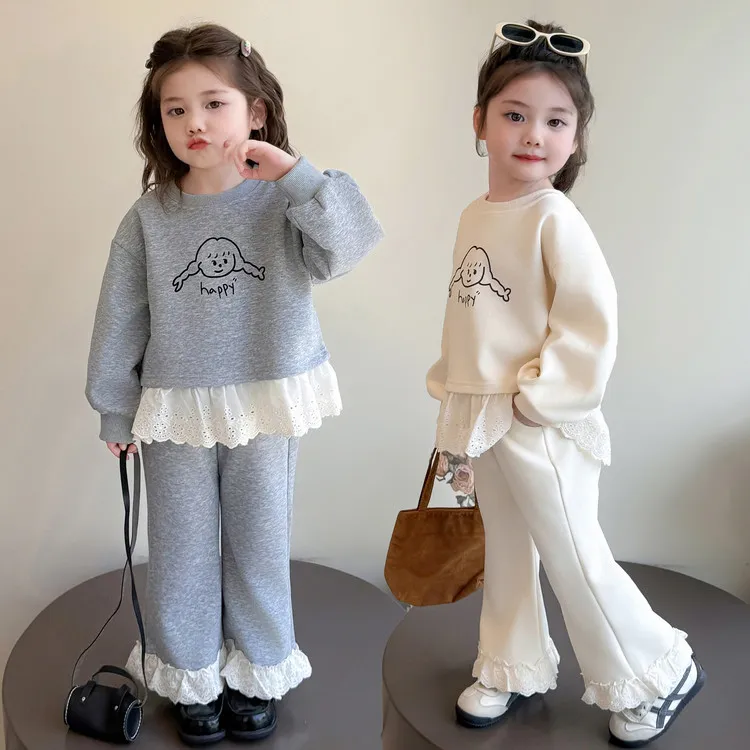 2025年春秋纯色女童套装洋气花边卫衣喇叭裤两件套女宝潮运动休闲