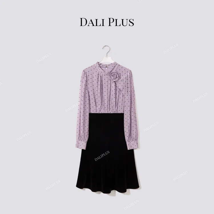DALI PLUS“爱心植绒波点立体花朵”拼接丝绒显瘦连衣裙-D5SS7241