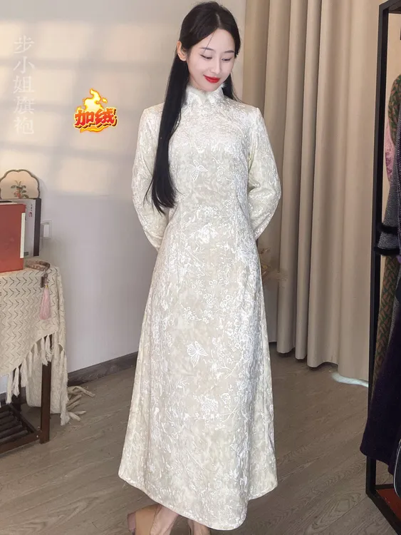 （步小姐-白月光）冬款加绒加厚新中式国风显瘦复古旗袍气质款
