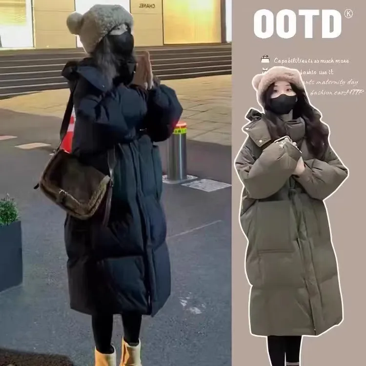 牛角扣加厚连帽棉服女2025冬季宽松面包服长款棉衣外套