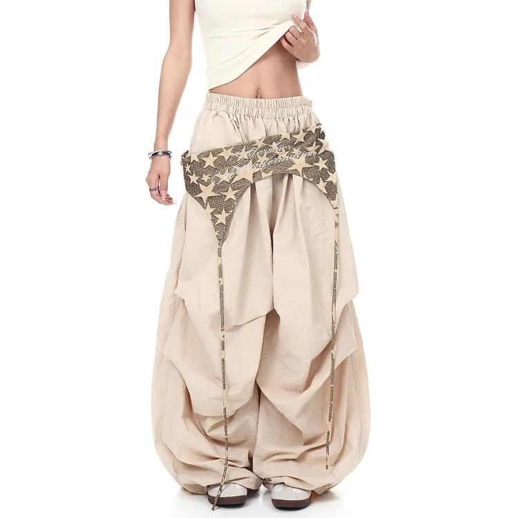 美式复古叠穿屁帘伞兵工装裤女辣妹设计感褶皱宽松休闲阔腿弯刀裤