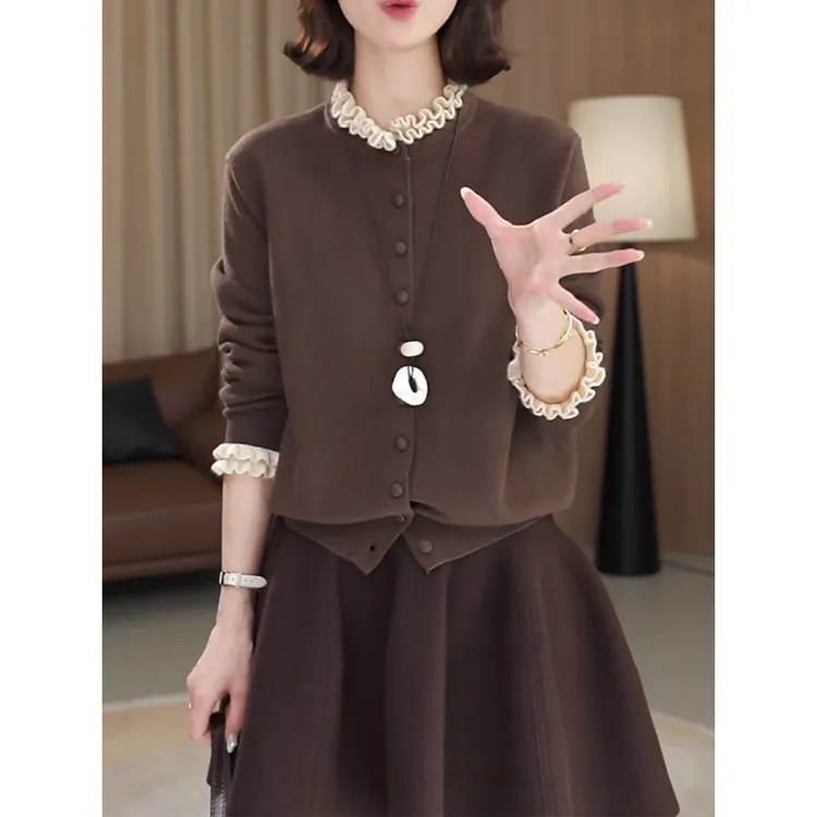 法式木耳边拼接针织开衫女2025秋冬新款时尚温柔显瘦打底衫上衣潮