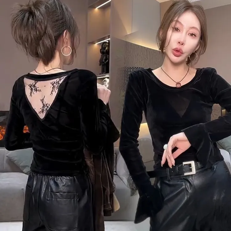 纯欲美背蕾丝拼接丝绒长袖T恤秋季新款不规则收腰显瘦打底上衣女