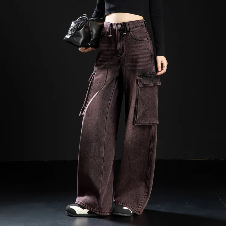 黑红色加绒牛仔裤女2025新款加厚美式工装裤秋冬裤子阔腿裤直筒裤
