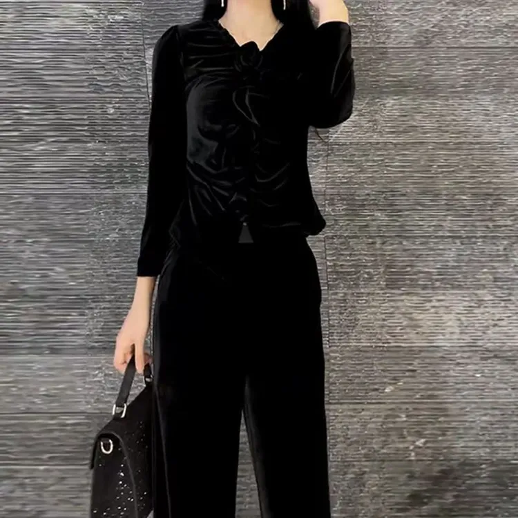 气质名媛小香风套装立体花朵韩系高级感长袖上衣阔腿裤秋新两件套