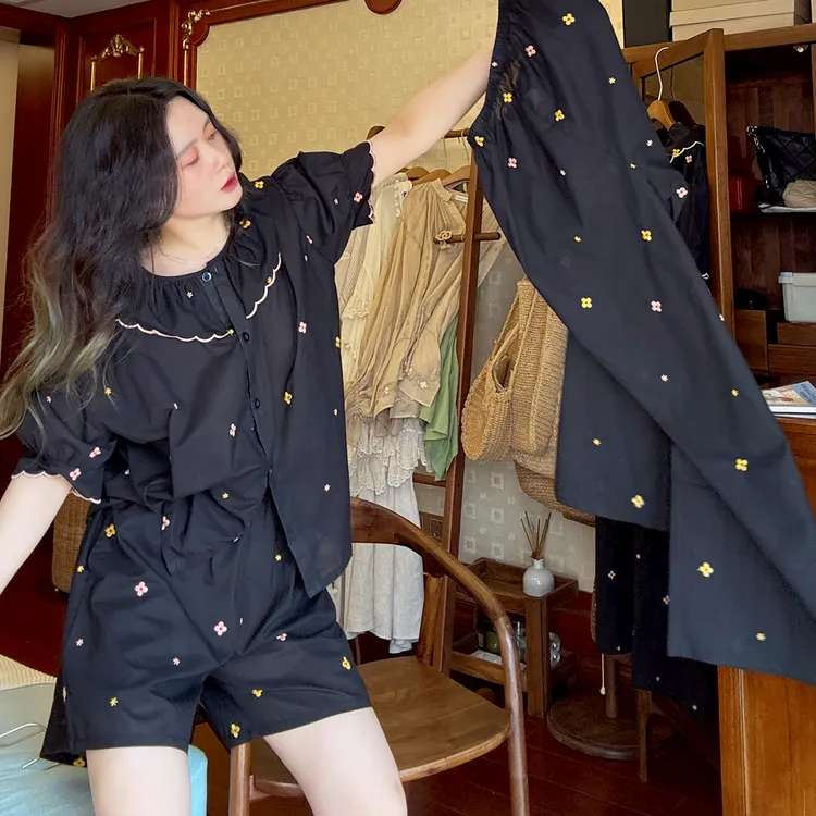 春夏季2025年新款睡衣女短袖长裤刺绣碎花夏天套装宽松薄款家居服