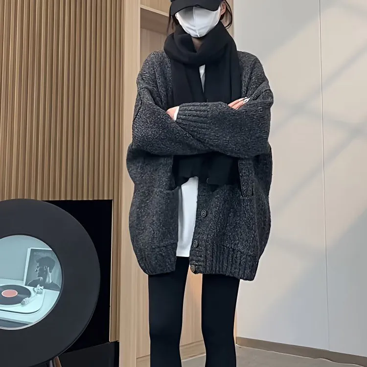 洋气黑灰色休闲慵懒长袖外套新款中长款上衣千金清冷感贵系衣服