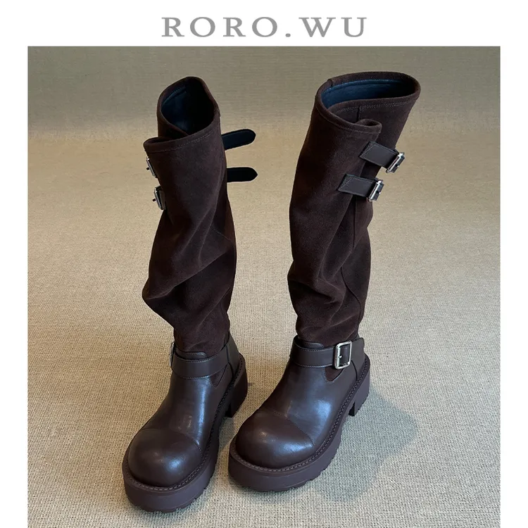 娆娆吴·真皮复古皮带扣拼接大筒围长靴冬季新款粗跟骑士靴女F32