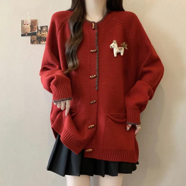 韩系本命年马年红色针织开衫女大码胖mm复古慵懒风宽松毛衣外套