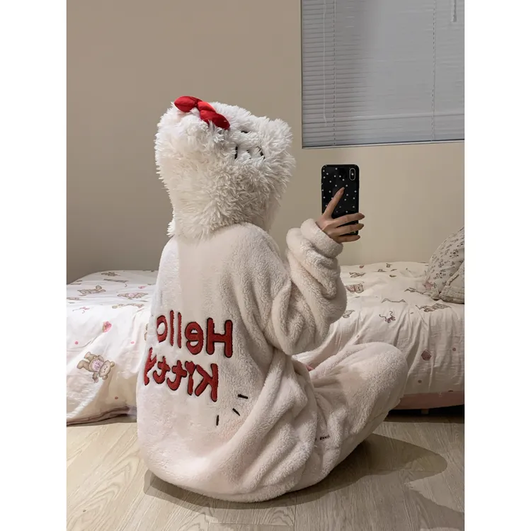 可爱Kitty连帽珊瑚绒睡衣女冬季新款外穿加厚保暖毛绒家居服套装