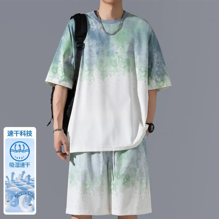 扎染冰丝运动套装男士夏季潮牌凉感宽松休闲t恤短裤男生穿搭夏装