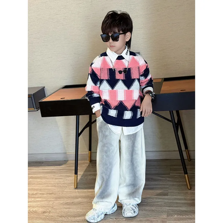 男童秋季时尚百搭洋气箭头撞色圆领长袖针织衫中大童韩版宽松毛衣