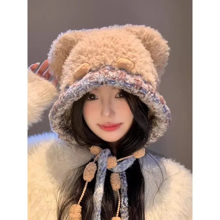 可爱小熊耳朵毛绒帽子女秋冬季日系百搭保暖防寒护耳显脸小雷锋帽