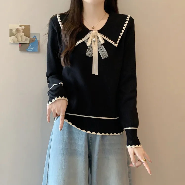 宽松显瘦【80-200斤】娃娃领针织衫毛衣女秋冬蝴蝶结洋气减龄上衣