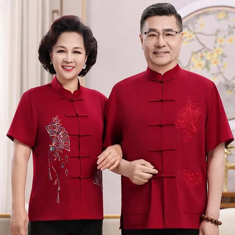 新款刺绣红色男女唐装中国风中式情侣装短袖爸爸妈妈高档上衣套装