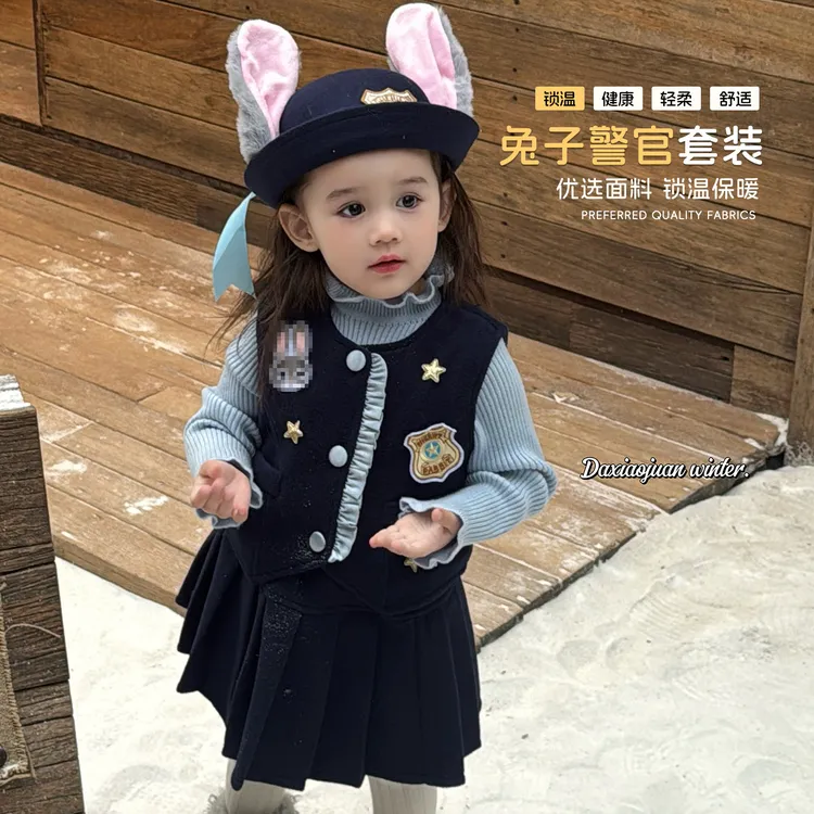 【大小卷】冬季新品女童卡通可爱休闲兔子警官组合套装Z-77228