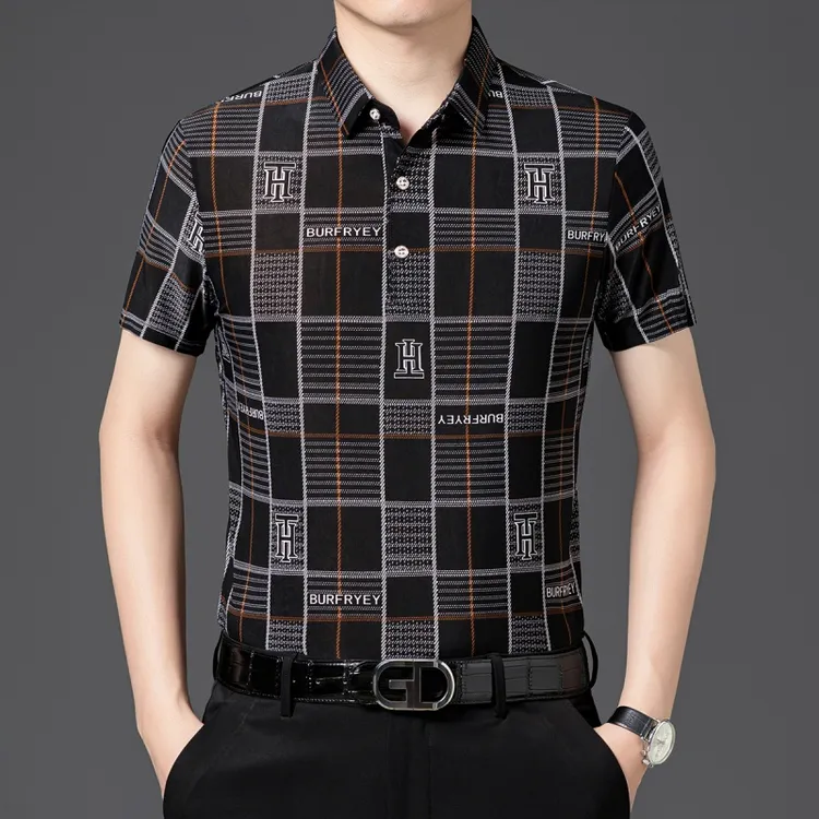 男士新款短袖冰丝polo衫中年商务休闲t恤衫宽松大码翻领T恤爸爸装