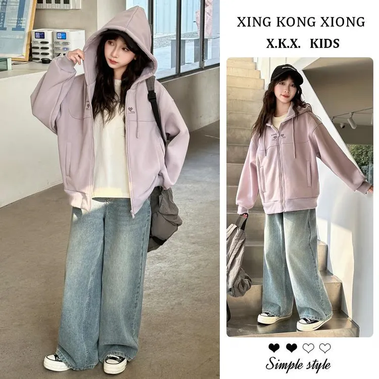 女童春秋外套2025新款女孩大童春装连帽开衫儿童休闲阔腿裤两件套