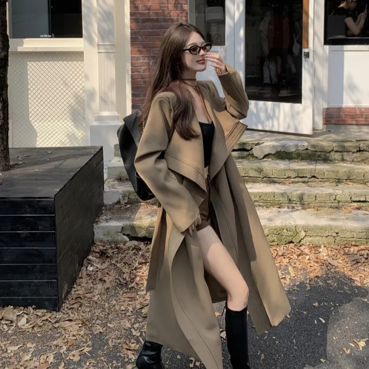 高级感气质大翻领风衣外套女秋季美式宽松中长款休闲过膝开衫大衣