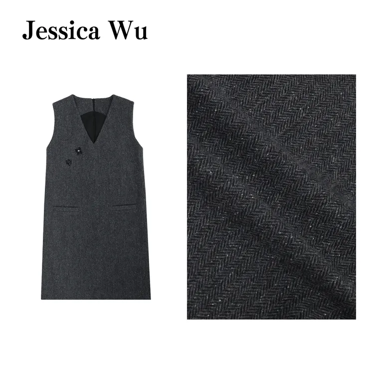 JESSICA WU墨灰织序粗花呢韵V领玄衬双扣侧筑背心裙2577S02001
