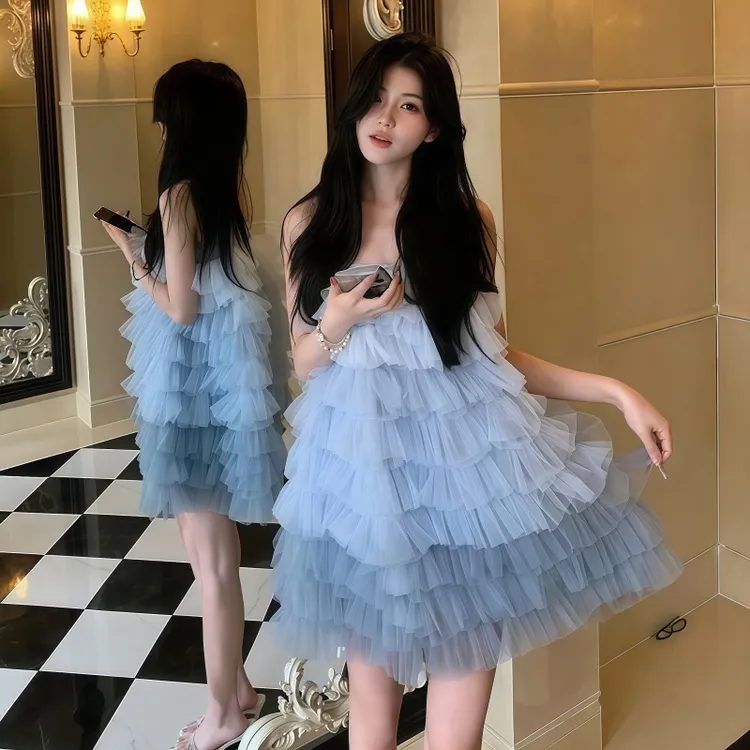 超仙吊带蛋糕连衣裙夏季度假蓬蓬新款网纱裙子甜美短裙清新显身材