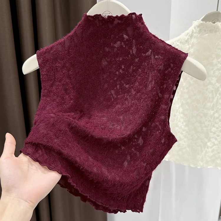 半高领红色蕾丝镂空小衫女秋冬新款假领子无袖背心内搭打底衫上衣