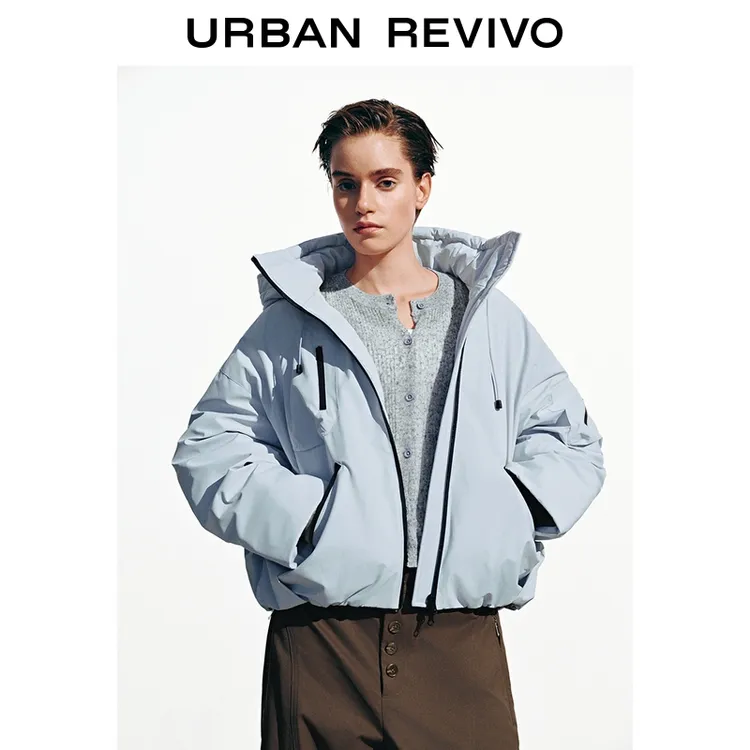 UR2025冬季新款女休闲机能撞色边连帽超宽松羽绒服UYL150066