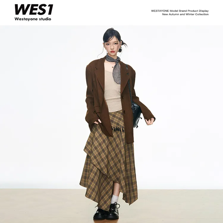 WESTAYONE麂皮绒西装外套女小个子2025新款+流苏格纹裙