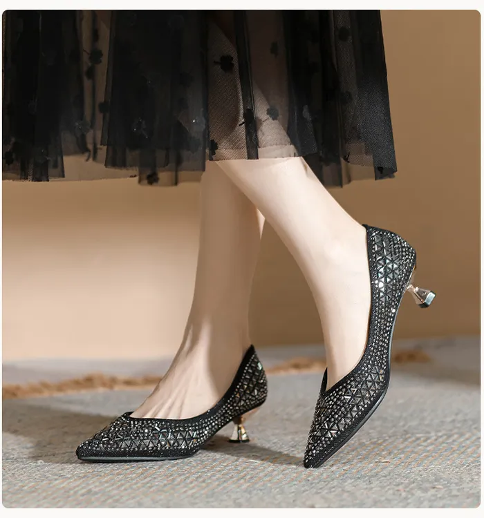 法式尖头高跟亮片中跟水钻单鞋气质伴娘粗跟浅口百搭女鞋105-2