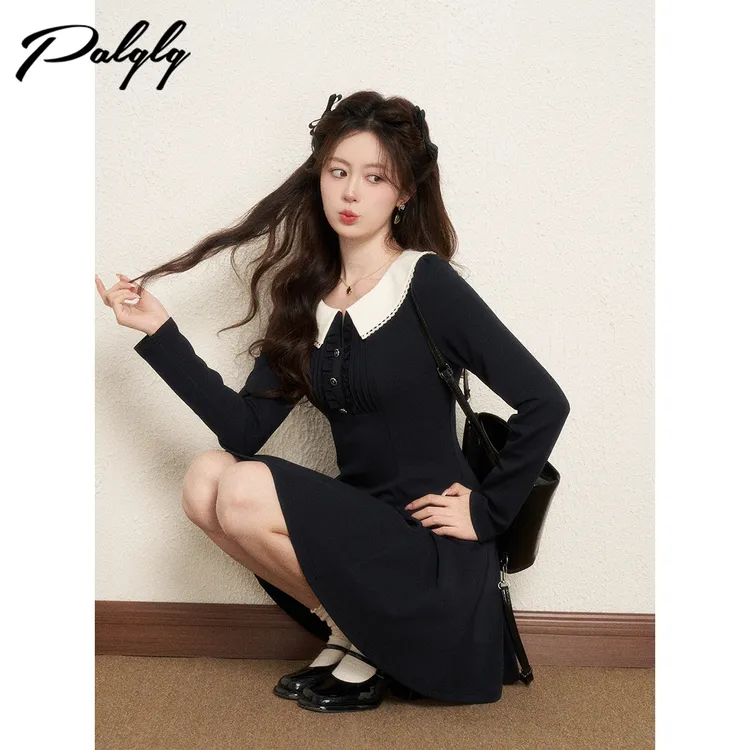 Palglg学院风藏蓝色娃娃领收腰秋冬装甜美气质打底裙54PDA44649