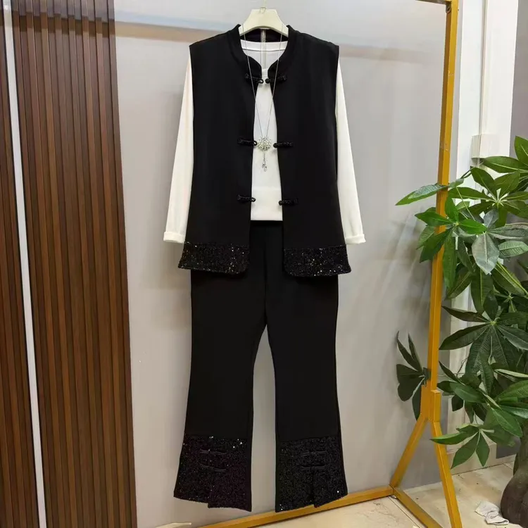 2025秋新款大码女装新中式马甲打底衫裤子气质显瘦三件套