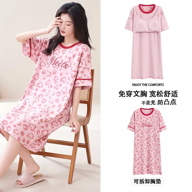 2025夏季爆款睡裙女纯棉带胸垫圆领中长款免穿文胸100棉家居服女