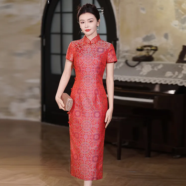 宋锦旗袍红蓝彩八达晕中式婚礼喜婆婆旗袍喜妈妈礼服2025新款爆款