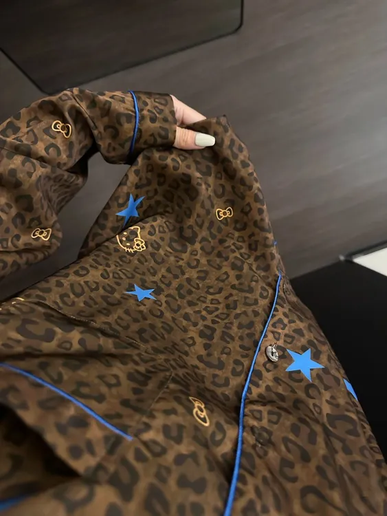 美拉德复古豹纹凯蒂猫印花睡衣女春秋新款长袖网红宽松家居服套装