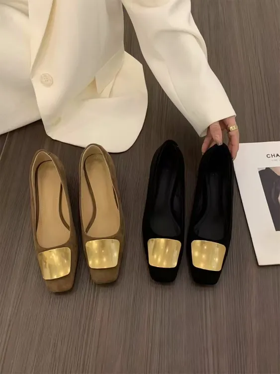 5cm法式高跟复古绒面方头单鞋女鞋子春秋季百搭气质通勤瓢鞋