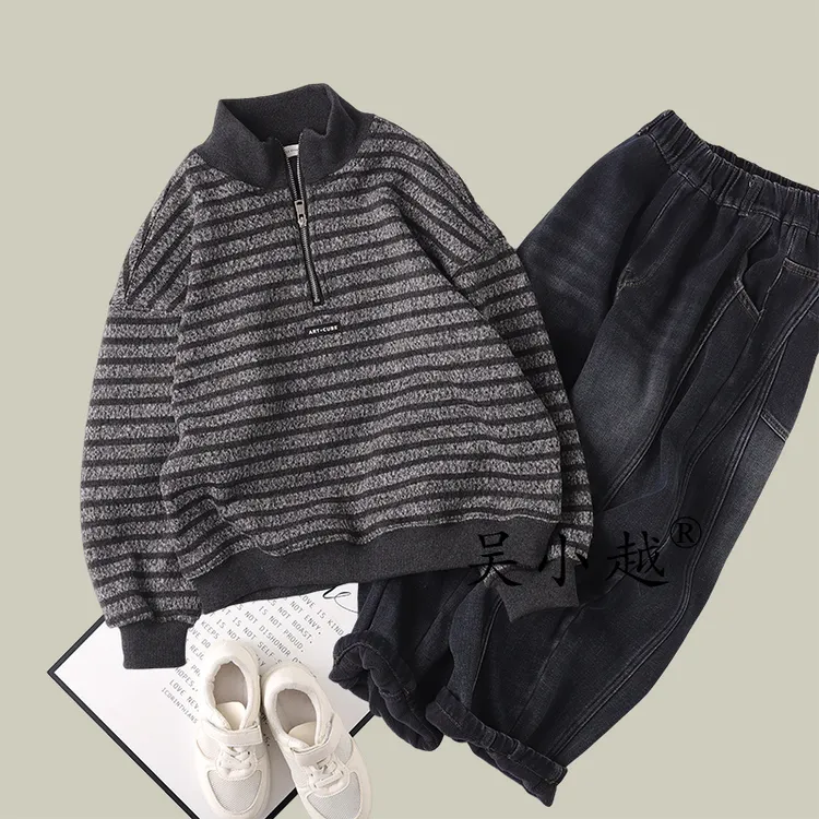 吴小越w1653男童加绒卫衣秋冬新款韩版宽松拼接牛仔假两件上衣男
