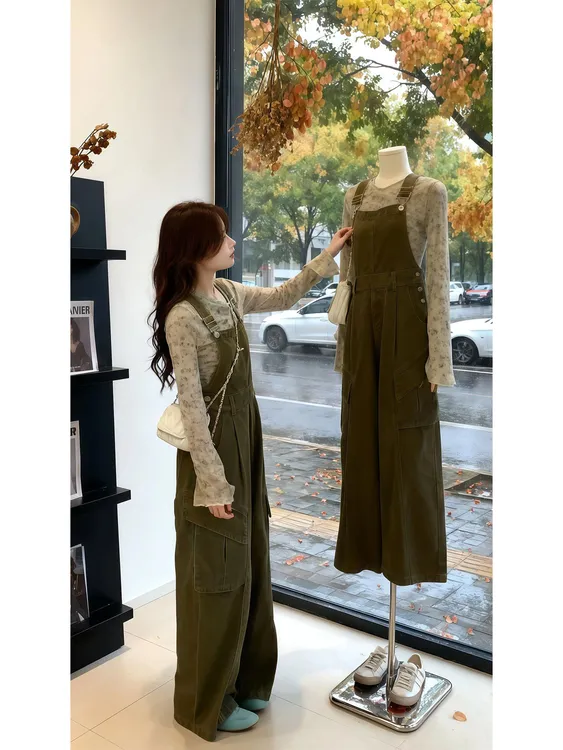 韩系高级时装套装穿搭轻奢绝美今年流行时尚气质绿色T-恤背带裤秋