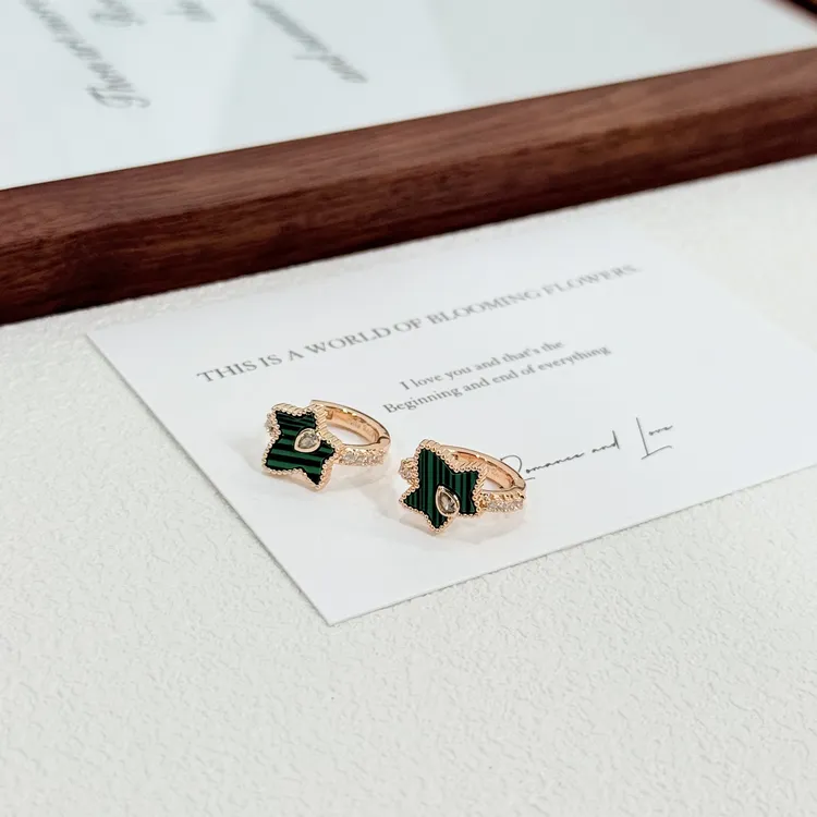 铜合金锆石耳饰 ES-354法式轻奢百搭绿色树叶青藤锆石高级感耳扣