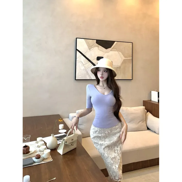 纯欲辣妹气质套装女秋季新款V领短袖T恤镂空蕾丝包臀半身裙两件套