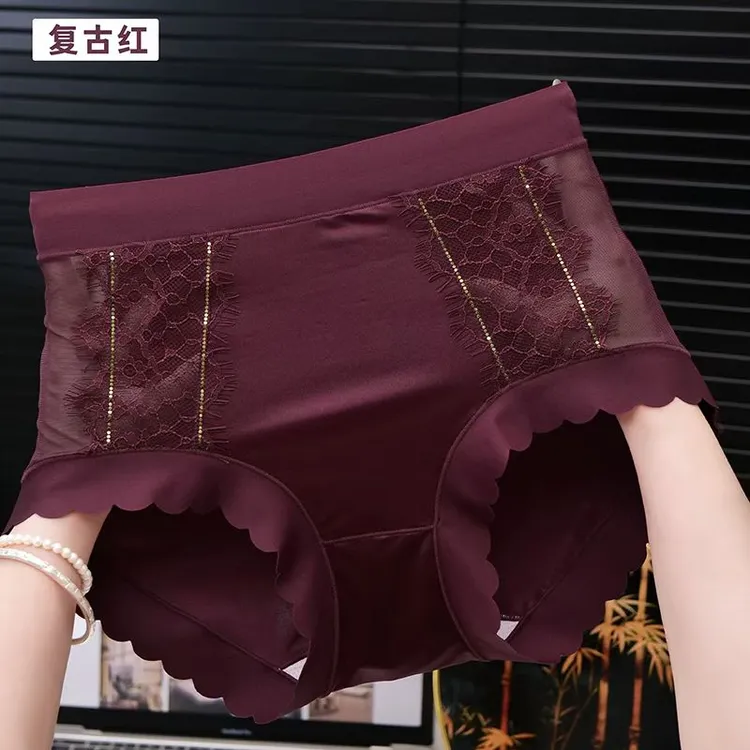(3-6条装)高腰无痕缎面拼蕾丝抗菌透气女士三角裤