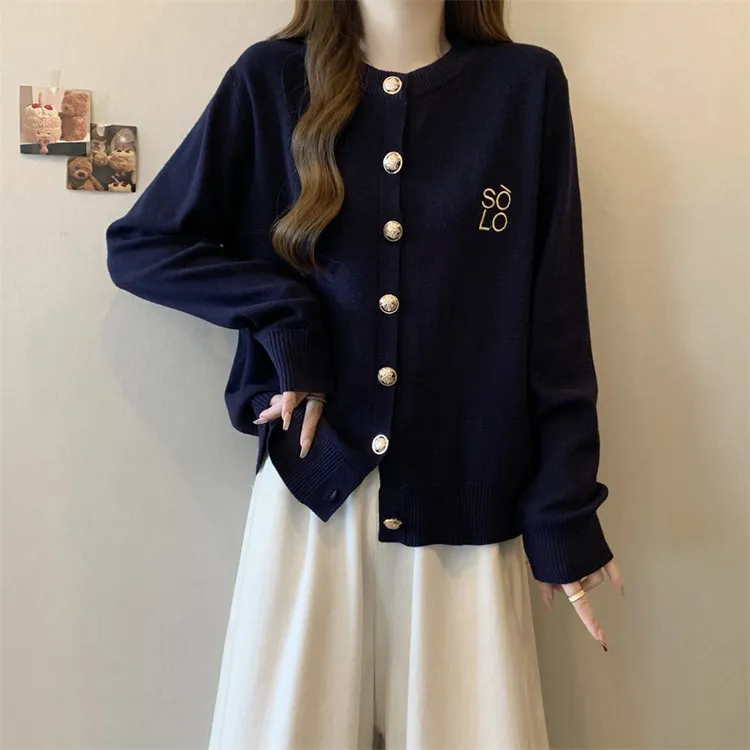 大码女装遮肚子藏青色正肩毛衣外套女夏季胖mm宽松显瘦开衫上衣