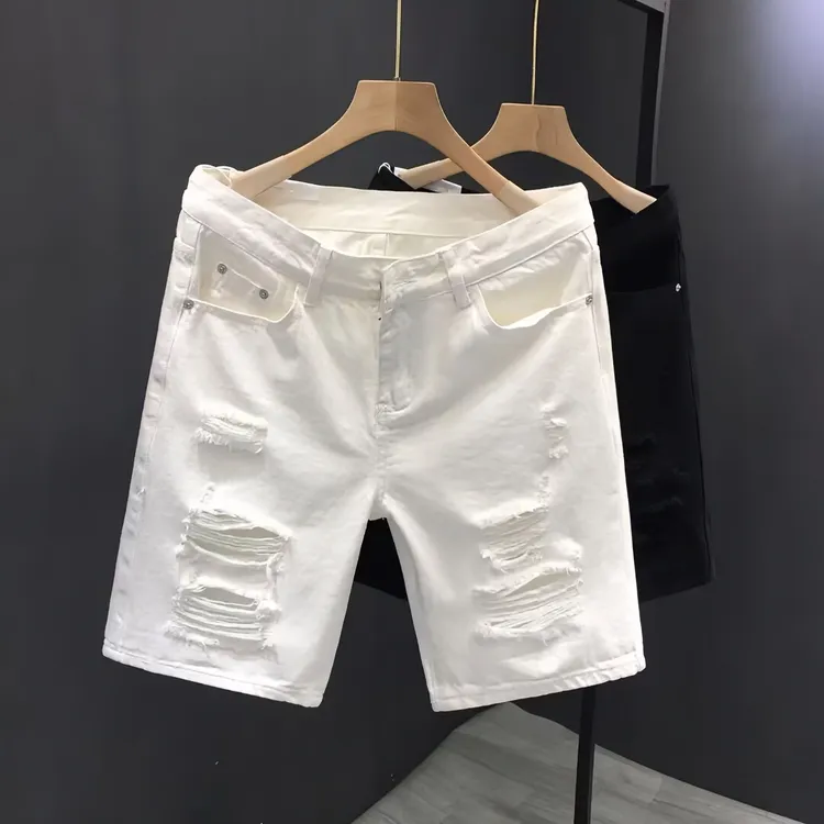夏季男白色痞帅破洞牛仔短裤时尚百搭修身纯色直筒五分裤潮流中裤