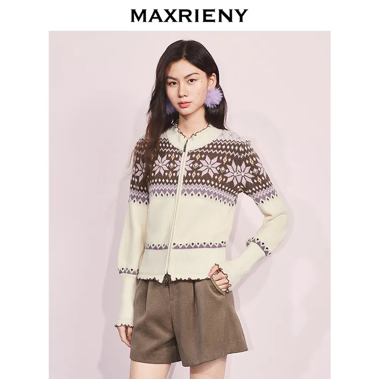 MAXRIENY慵懒复古感拉链外套25冬费尔岛穿搭提花宽松H型长袖上衣