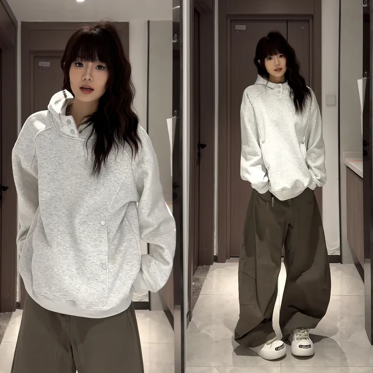 美式重磅廓形按扣连帽卫衣男女冬季高街痞帅加绒加厚保暖解构外套