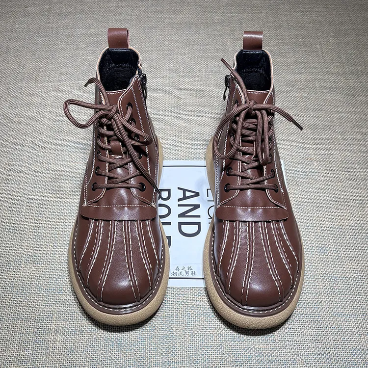 马丁靴男2025新款高帮皮鞋潮流男鞋中邦厚底增高工装短靴拉链皮靴