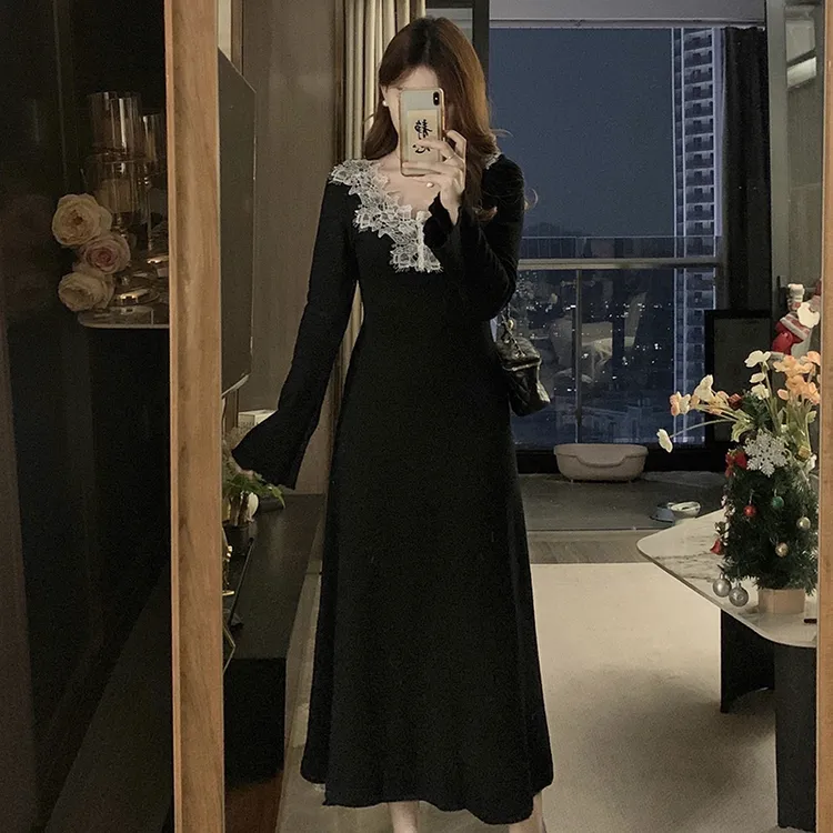 秋冬大码设计感V领蕾丝针织连衣裙高级感内搭打底长裙537