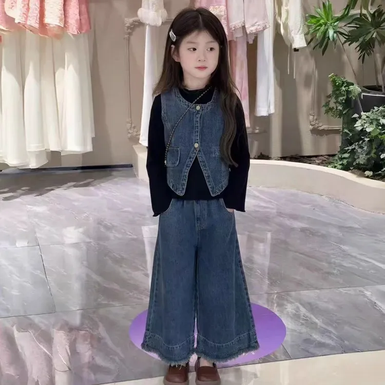 女童秋装套装2025新款儿童时髦马甲秋季牛仔韩版三件套洋气款穿搭