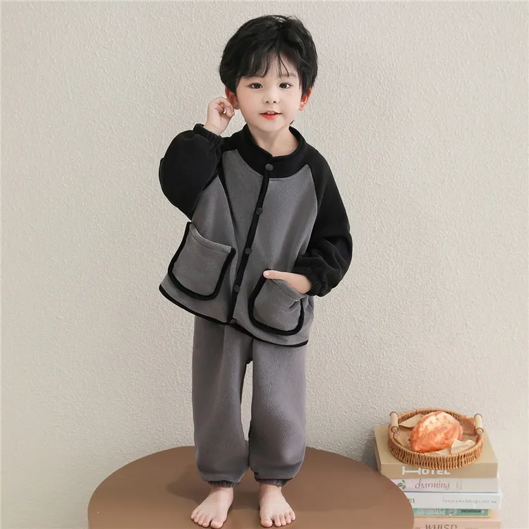 男童睡衣秋冬季奥粒绒立领开衫加厚款男孩宝宝冬款儿童家居服套装
