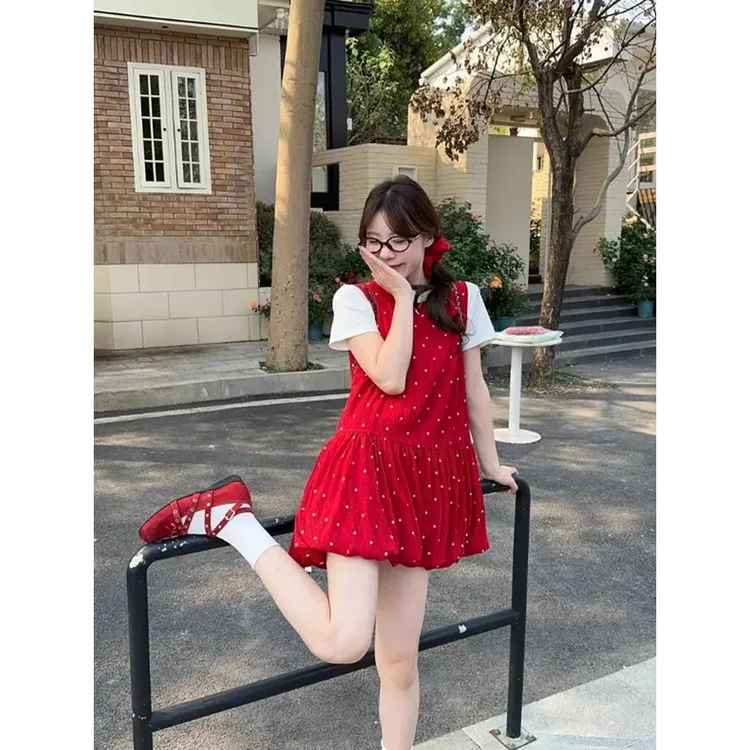 绝美裙子连衣裙春夏新款可爱减龄小个子红色波点背带女甜美风叠穿