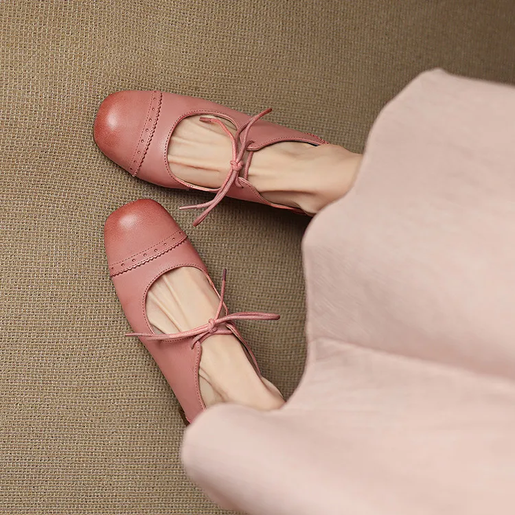 粉色鞋子2025春夏季真皮单鞋女粗跟百搭圆头中跟一字带玛丽珍女鞋
